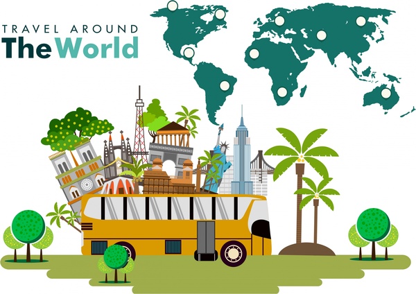 世界旅行のバナー風景シンボルとマップ デザイン