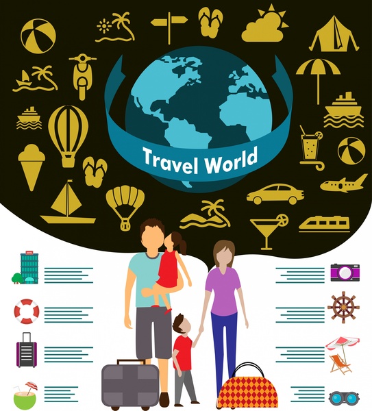 Éléments de conception de voyage dans le monde Touristes et symboles de la famille