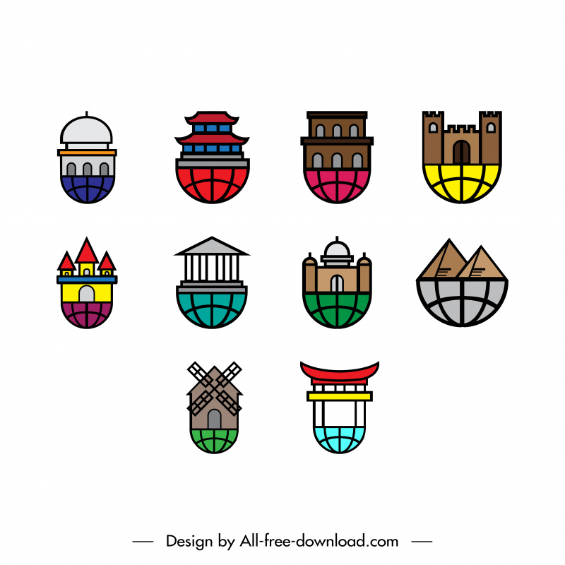 ícone de viagem mundial define símbolos de marcos de arquitetura plana esboço