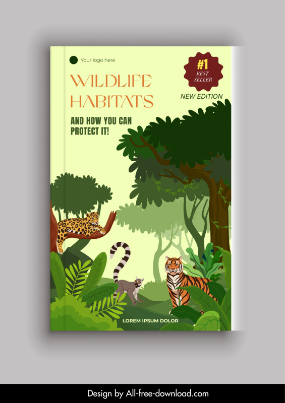 dunia satwa liar buku cover template hewan spesies kartun sketsa hutan