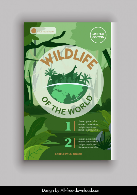 세계 야생 동물 책 표지 템플릿 정글 장면 종 실루엣 장식