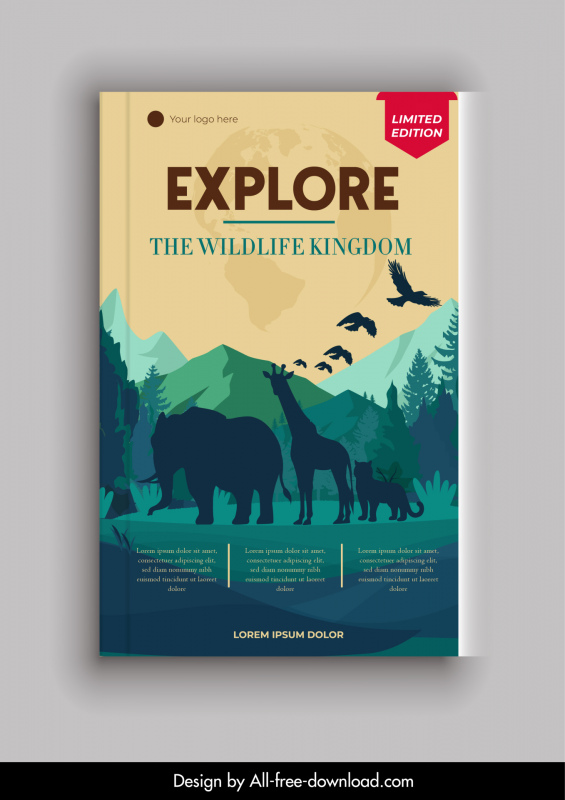 Modèle de couverture de livre de la faune mondiale scène de montagne espèces Silhouette décor