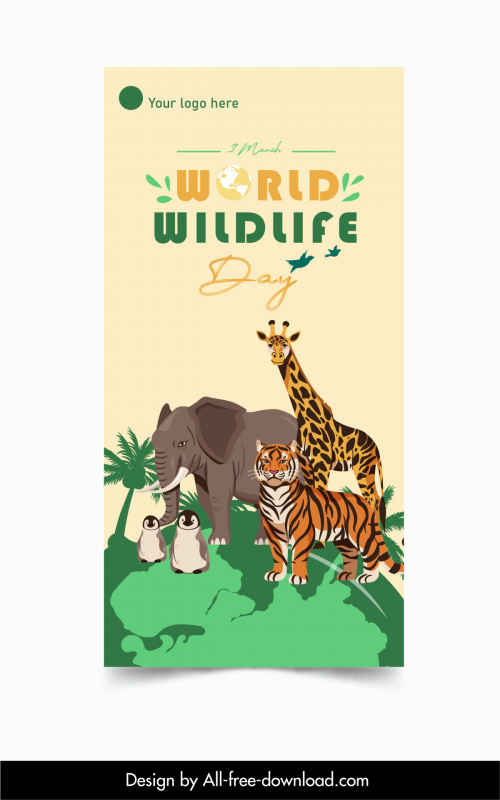 Día Mundial de la Vida Silvestre Plantilla de banner Animales Especies Decoración de dibujos animados