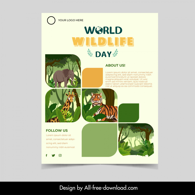 Modèle de flyer de la Journée mondiale de la vie sauvage élégant décor d’espèces de dessins animés
