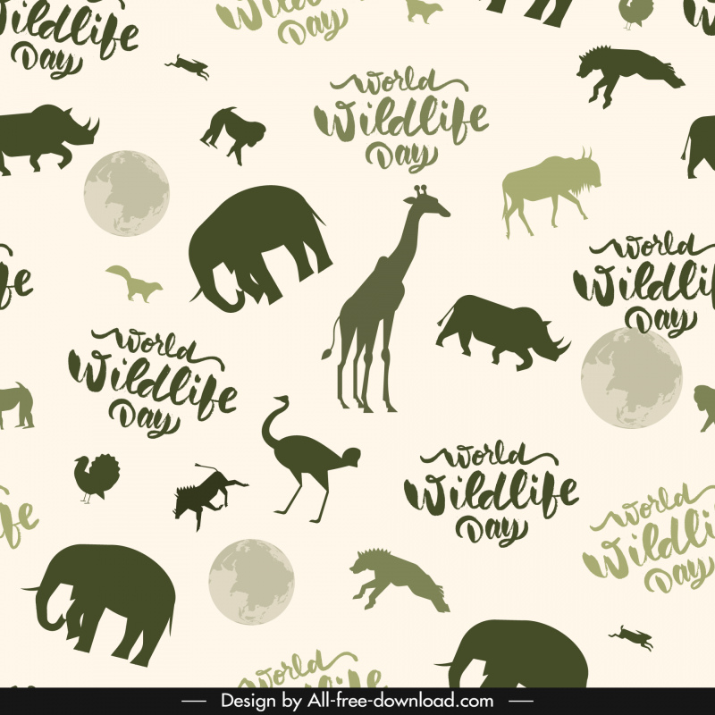 세계 야생 동물의 날 패턴 템플릿 반복 종 실루엣 스케치