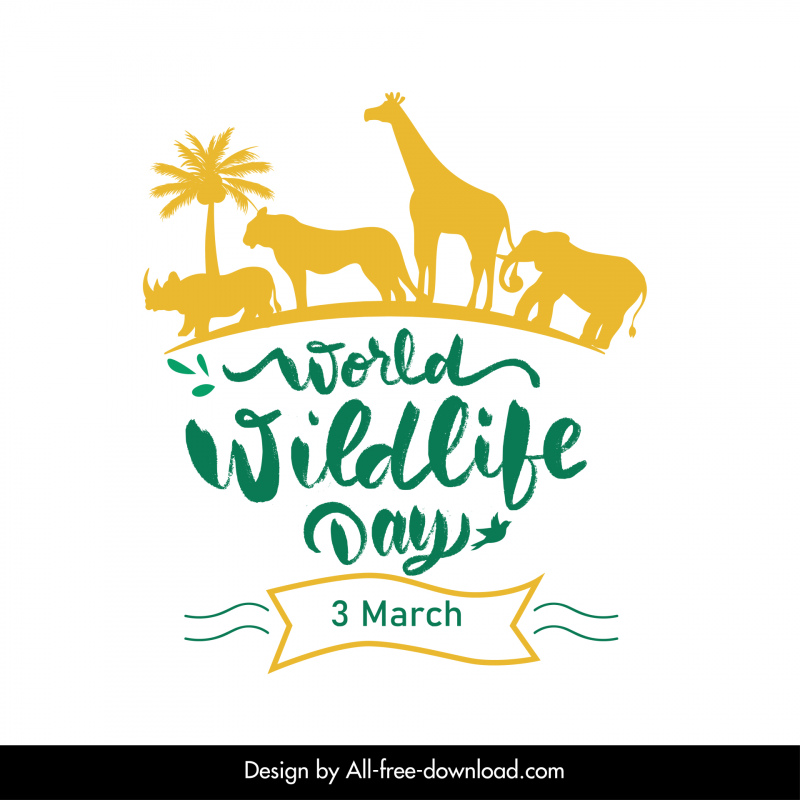 Dia Mundial da Vida Selvagem tipografia banner modelo silhueta animais caligrafia esboço