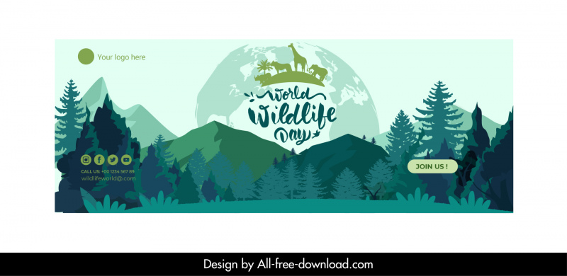 세계 야생 동물 페이스 북 표지 템플릿 자연 숲 산 장면 스케치
