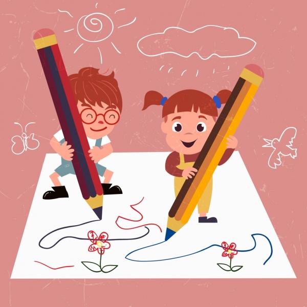 Writing Drawing Cute Kids Pencils Handdrawn Lines Sketchvector People