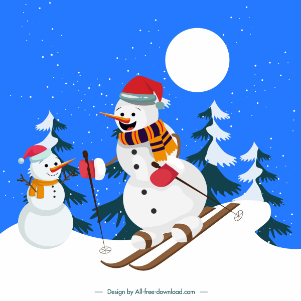 xmas latar belakang kartun bergaya ski snowman sketsa