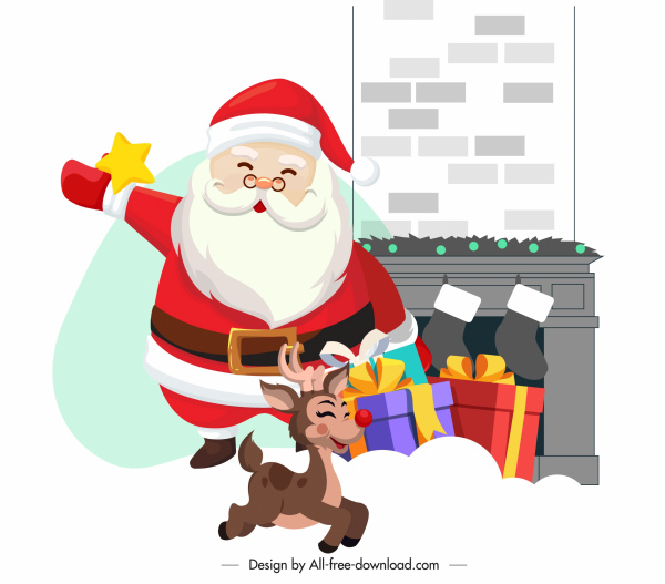 Xmas Background Cute Santa Claus Reindeer Sketch