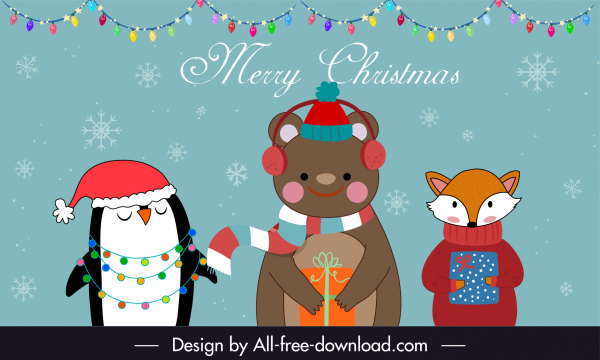 plantilla de banner de navidad lindo personajes de dibujos animados animales estilizados
