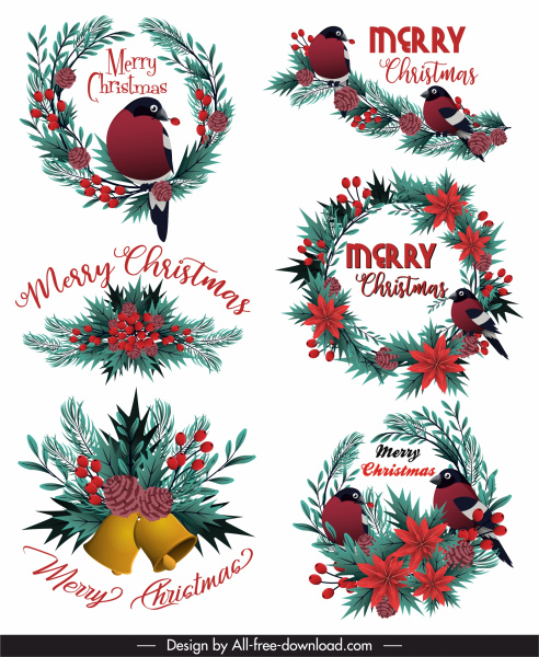 عناصر التصميم عيد الميلاد الازهار الصنوبر إكليلا ديكور الطيور