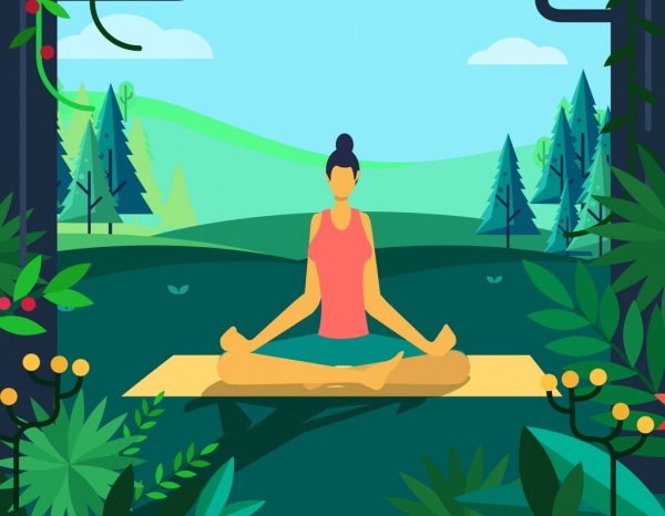 Fondo de yoga relajado diseño de dibujos animados de escena de la naturaleza de mujer