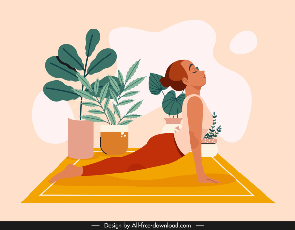 template latar belakang yoga peregangan wanita sketsa desain kartun