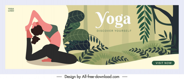 pancarta de yoga que estira la mujer bosquejar la decoración de la escena de la naturaleza