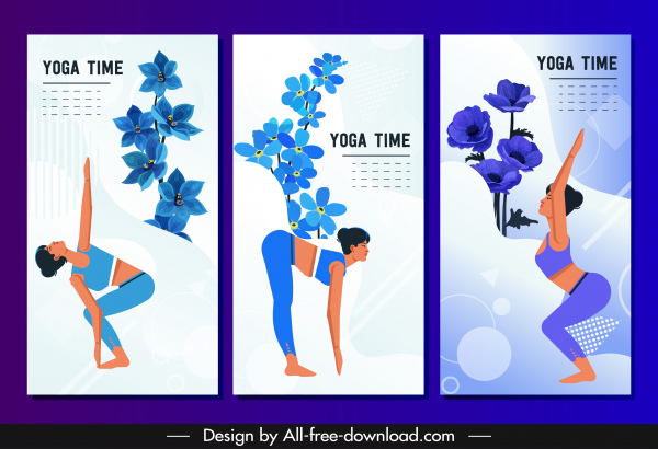 Yoga bannière modèles femme exercice gestes Cartoon personnages