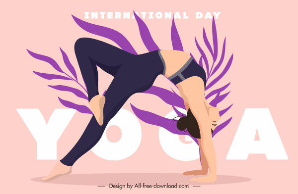 spanduk hari yoga yang membentang sketsa daun wanita
