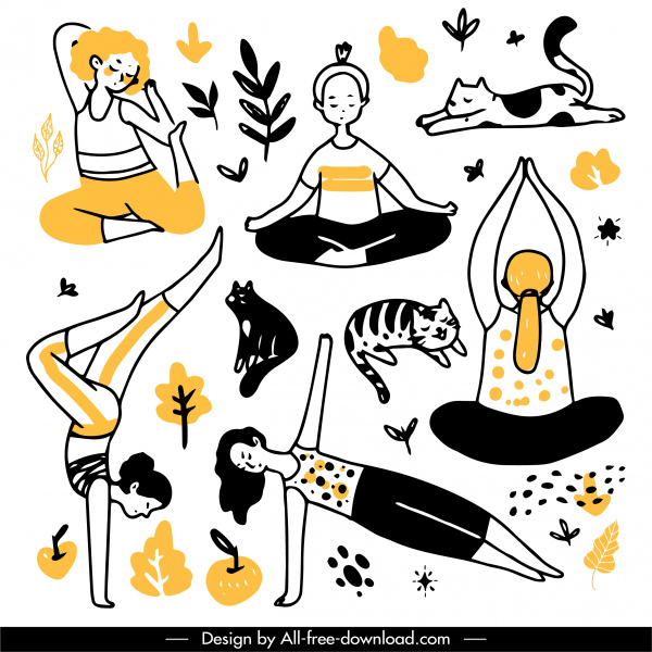 dibujo de yoga ejercitando gestos gato elementos de la naturaleza boceto