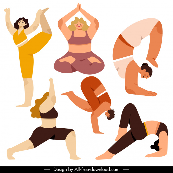 ícones de gestos de yoga esticando personagens de desenho animado de esboço de equilíbrio