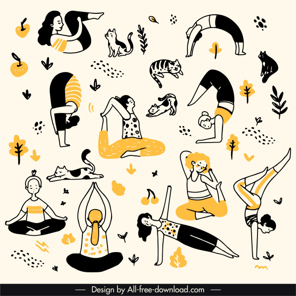 Yoga-Muster Übung Gesten handgezeichnet retro