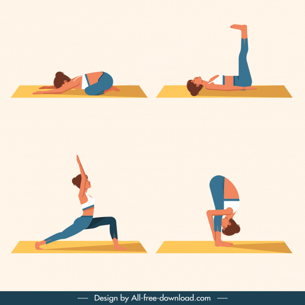 posture yoga modelli colorati personaggi dei cartoni animati