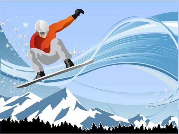 Young Man Snowboarding In Mountain Vector