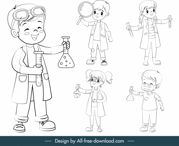 giovane scienziato icone simpatiche bambini gioiosi personaggi dei cartoni animati