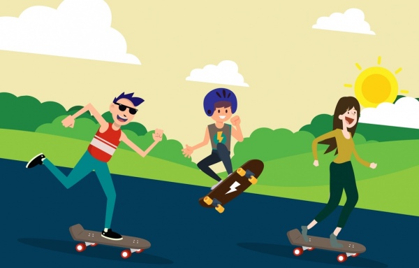 la gioventù di disegno animato icone colorate sullo skateboard umano