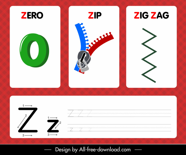 Z alfabeto enseñanza plantilla cero formas en zigzag zip