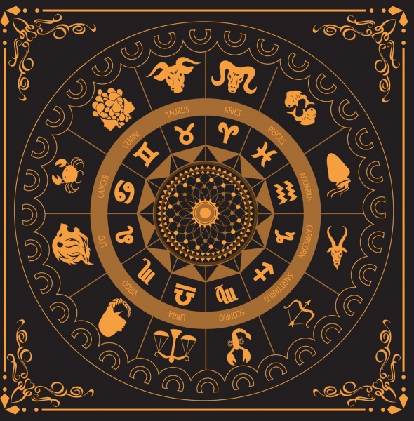 zodiak kompas wzór czarny żółte koła projektu