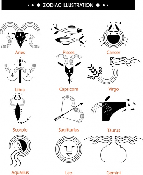 zodiac icônes collection en noir et blanc esquisse l'isolement