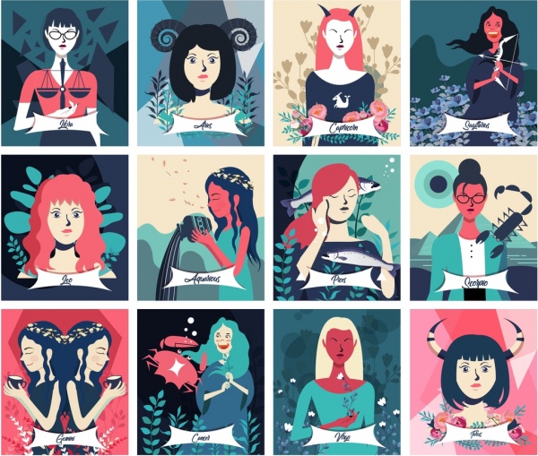 coleção de ícones do Zodíaco personagens femininos cartoon design