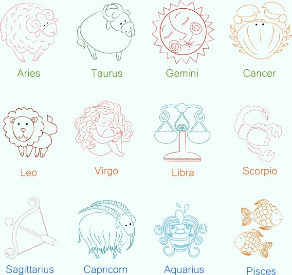signos del zodiaco establece bosquejo dibujado mano color
