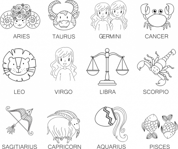 símbolos del zodiaco colección de iconos blanco negro bosquejo