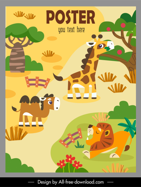 plantilla de póster del zoológico colorido boceto plano de dibujos animados
