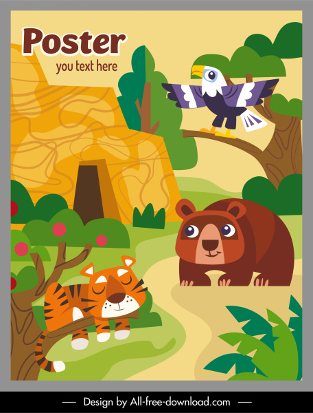 plantilla de póster zoológico colorido diseño plano boceto de dibujos animados