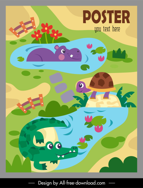 plantilla de póster zoológico lindo hipopótamo tortuga alligator boceto