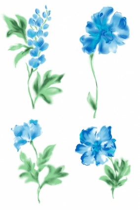 4 Blue Watercolor Style Flowers Psd