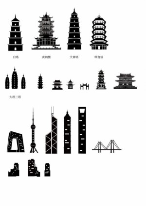 古代和現代的中國建築剪影向量