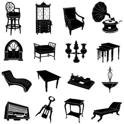 vector de blanco y negro de la silueta de muebles antiguos