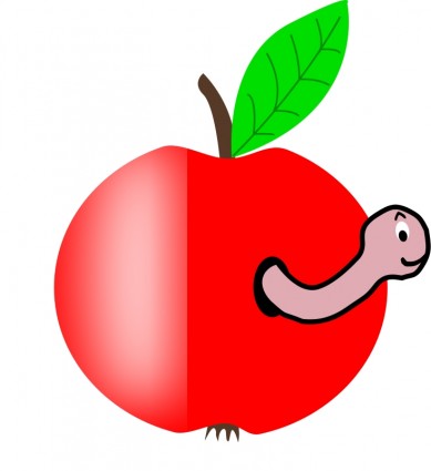 rojo con una hoja verde con gracioso gusano de la manzana