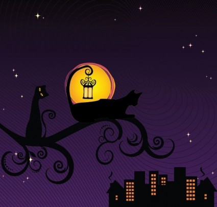 silhueta preta do gato em ilustração vetorial de noite