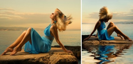 تنورة زرقاء امرأة على شاطئ البحر نمط هايديفينيشن الصورة