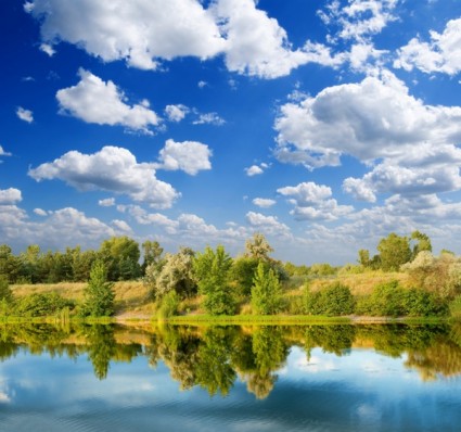 藍色的天空湖泊和森林的清晰圖片