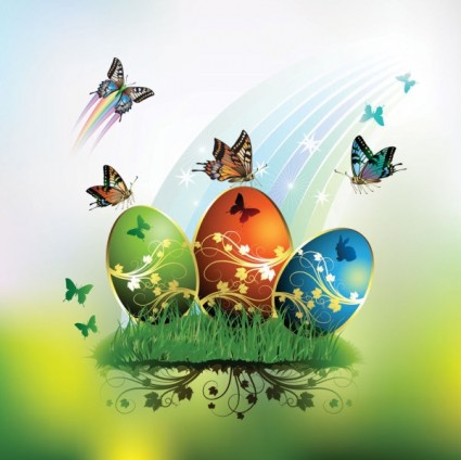 Butterflies And Decorated Easter Egg Cards Vector