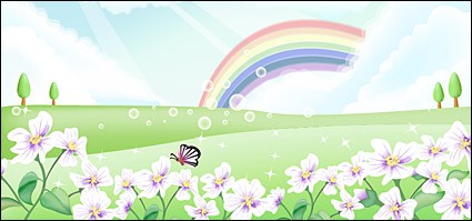 mariposas y flores en el cielo del arco iris
