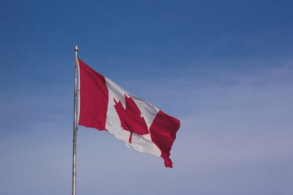 bandera canadiense soplando en el viento