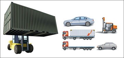 samochody kontenera ciężarówki podnoszenia dużych samochodów ciężarowych, wózków widłowych wektor