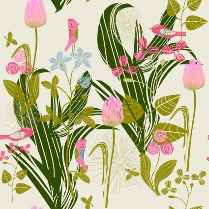 Linie-Vektorgrafiken für Cartoon Vogel Blumen florales Muster