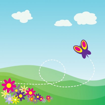 kartun bukit dengan kupu-kupu dan bunga clip art